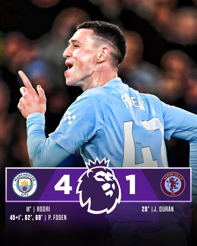 乐体育官网-【英超】福登戴帽罗德里传射，曼城主场4比1大胜维拉